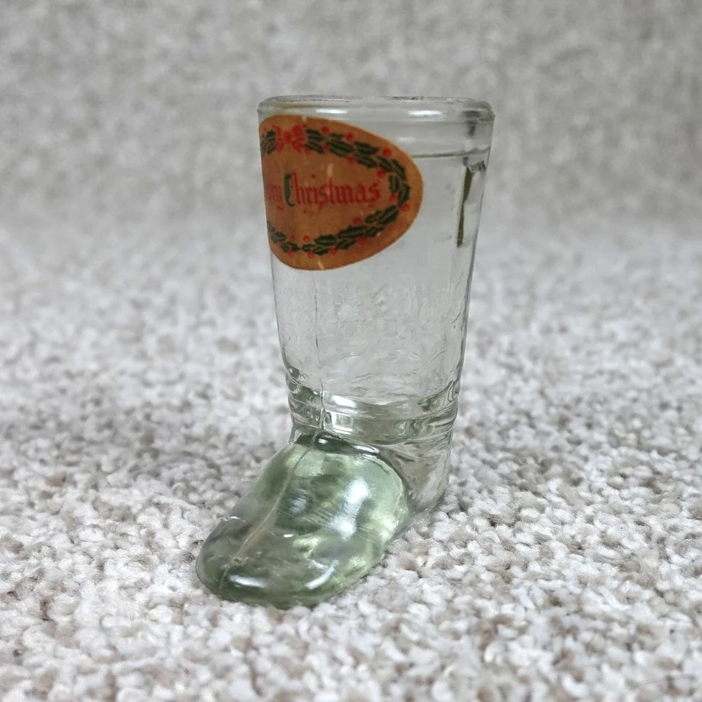 Vintage Merry Christmas Glass Boot Shot Glass Holly Wreath Label 3 Inch